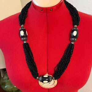 Black Seed Bead Statement Necklace with Inlay Accents